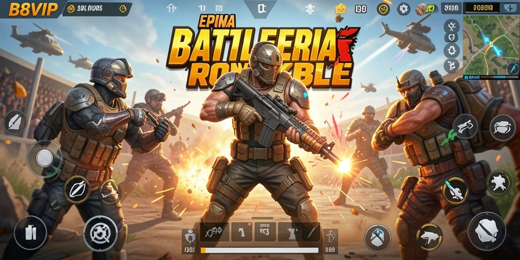 Tangkapan layar utama B8VIP menampilkan pertempuran seru dalam game Battle Royale.
