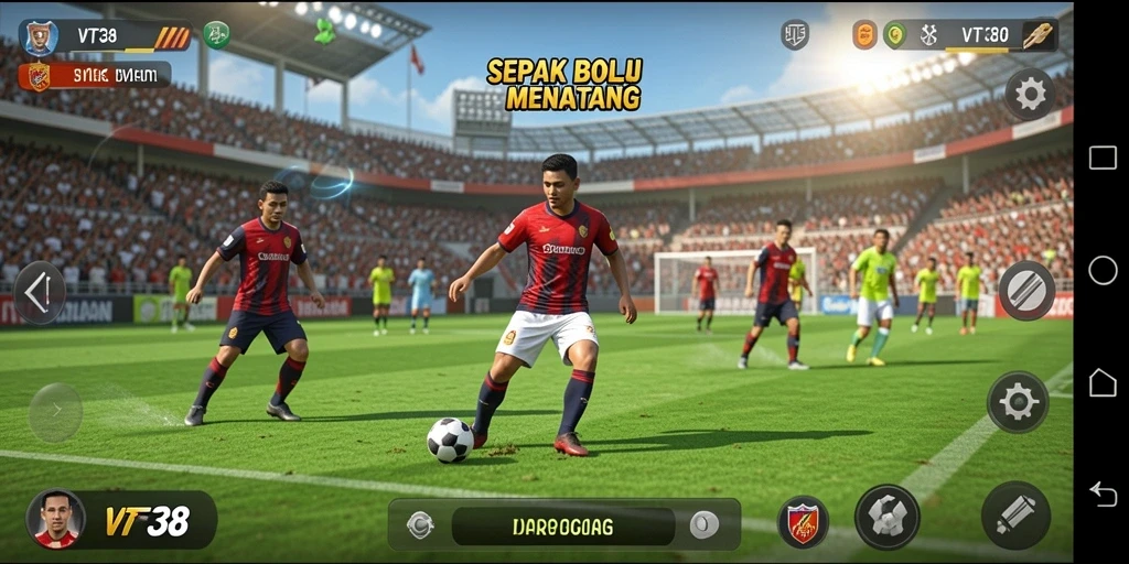 Screenshot utama VT38 menampilkan gameplay intens dalam pertandingan sepak bola.